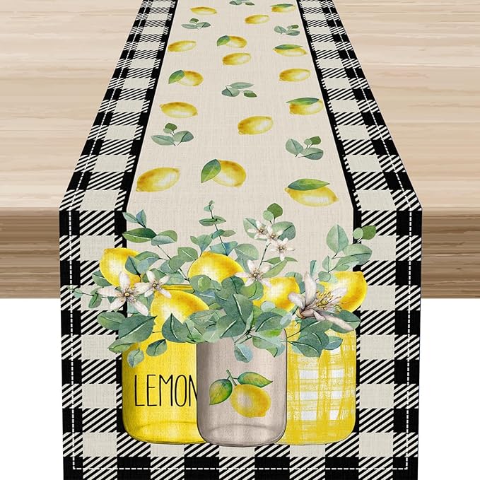 Lemon Table Runner, Farmhouse Black Buffalo Plaid Seasonal Summer Spring Fruits Lemon Coffee Table Center Decor for Home Kitchen Dining Party Patio Indoor Outdoor Table Decorations, 13"x108" Inch