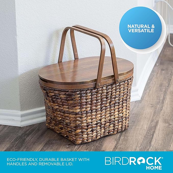 BirdRock Home Seagrass and Abaca Picnic Basket with Wood Lid | Hand Woven | Espresso | Decorative Latch | Wooden Top | Home Décor | Folding Handles