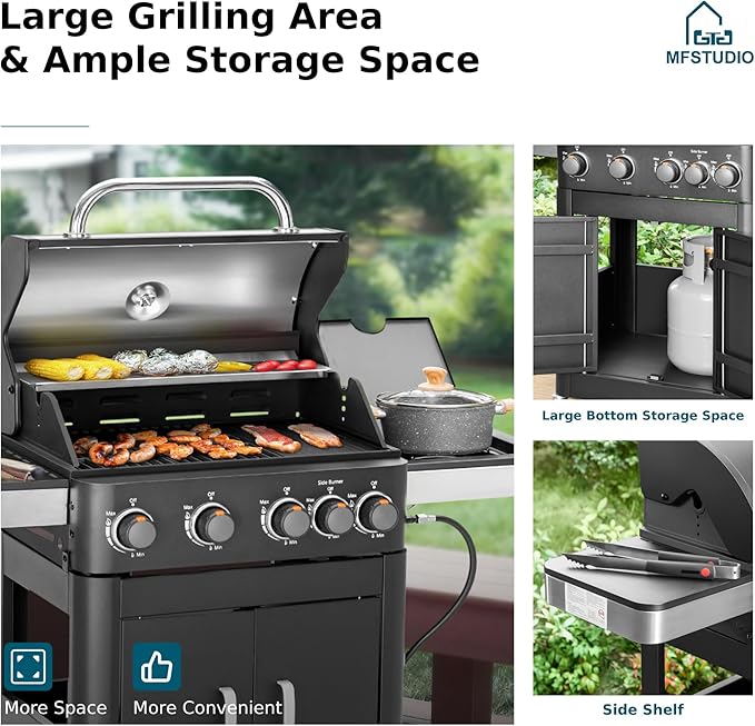 MFSTUDIO 4 Burners Propane Gas Grill and Griddle Combo with Side Burner, 2 in 1 Griddle Grill and Porcelain-Enameled Cast Iron Grates, 46,700 BTU Outdoor Cooking Barbecue Grill, Black