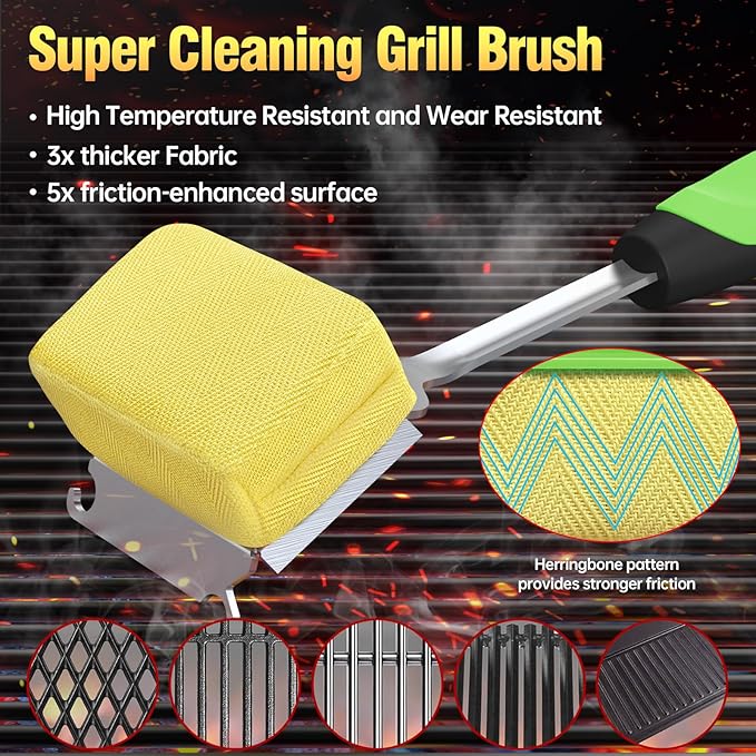 Grill Brush Bristle Free for Outdoor Grill, Steam Grill Cleaning Brush Replaceable BBQ Cleaner Brush Head,Extended Handle, Safe Grill Brush for Cast Iron Stainless-Steel Grates，Light Green