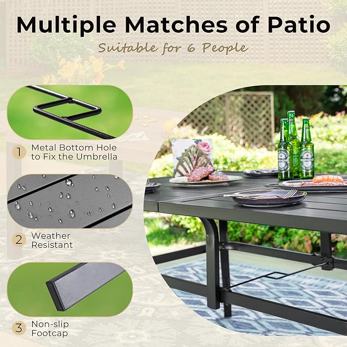 Outdoor Patio Dining Table for 6, 60" x 37" Rectangular Metal Patio Dining Table with Umbrella Hole for Garden, All Weather Wrought Iron Black Outdoor Table Backyard and Porch, Black