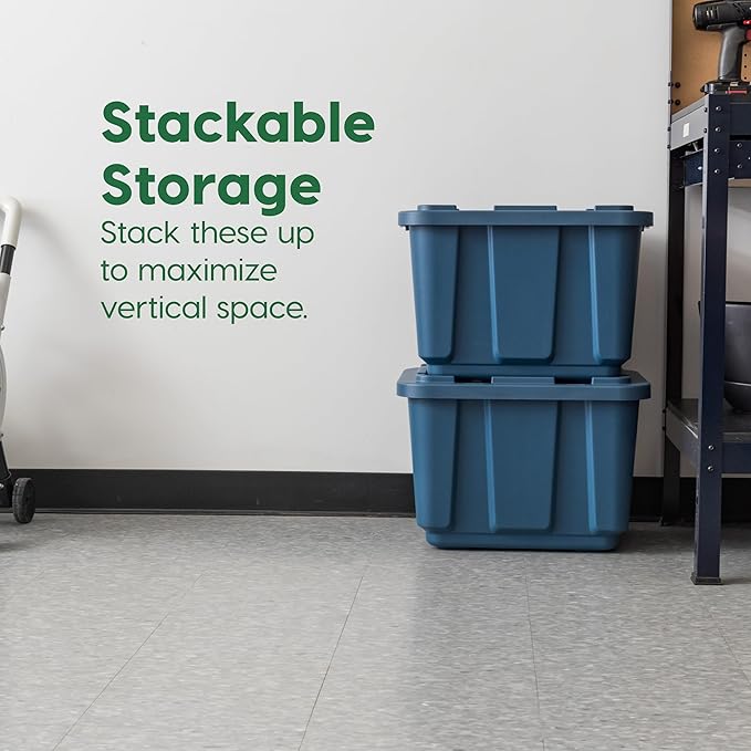 IRIS USA 4-Pack 12 Gallon Storage Bins with Lids |Made in USA| Heavy Duty Eco-Friendly Plastic Tote Containers for Truckbed Tool Box Organization, Large - Navy