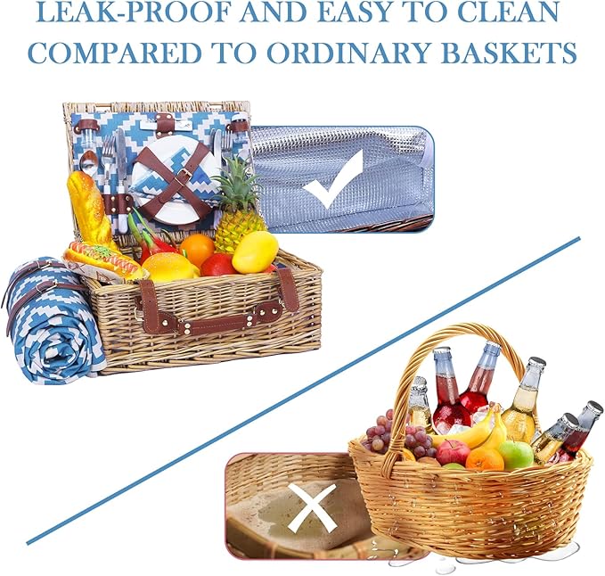 Neti Neti Wicker Picnic Basket for 4 with Insulated Cooler & Waterproof Blanket – Large Willow Picnic Hamper for Outdoor, Camping, Beach, Romantic Dates, Valentine’s Day