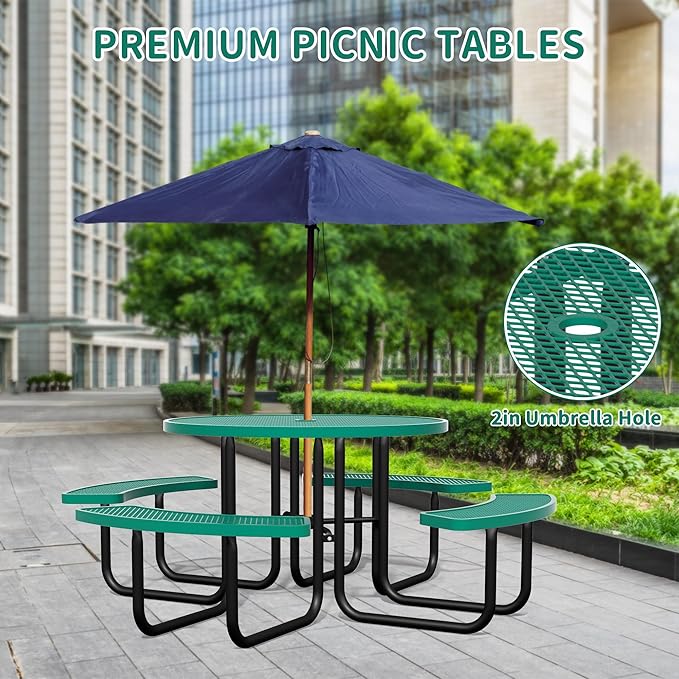 46'' Round Metal Picnic Table for Outdoors, Commercial Steel Metal Picnic Tables, Heavy Duty Sturdy Picnic Tables Furniture Set for Patio Garden Courtyard BBQ, with Umbrella Hole, Green