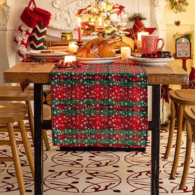 Green Red Plaid Snowflake Christmas Table Runner, Winter Holiday Table Runners 72 inches Long Xmas Decorations Indoor Outdoor Farmhouse Home Kitchen Dining Party Decor