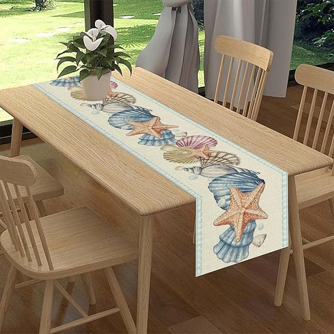 Summer Starfish Table Runner, Blue Check Sea Coastal Seashell Beach Nautical Starfish Ocean Table Runner Seasonal Holiday Home Kitchen Dining Table for Home Party Decor 13"x36"