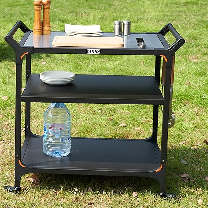 NUUK Outdoor Pizza Oven Table with Three-Shelf 24" x 32" Grill Cart Stainless Steel Rolling Prep Table with Solid Steel Frame, Outdoor Cooking Station Dining Bar Table