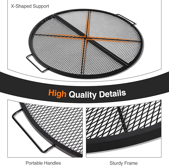 REDCAMP Foldable Fire Pit Cooking Grill Grate, Portable X-Marks Heavy Duty Steel Round Campfire BBQ Grill with Handle & Support Wire, Ideal for Outdoor Picnics & Gatherings, 36-Inch Black