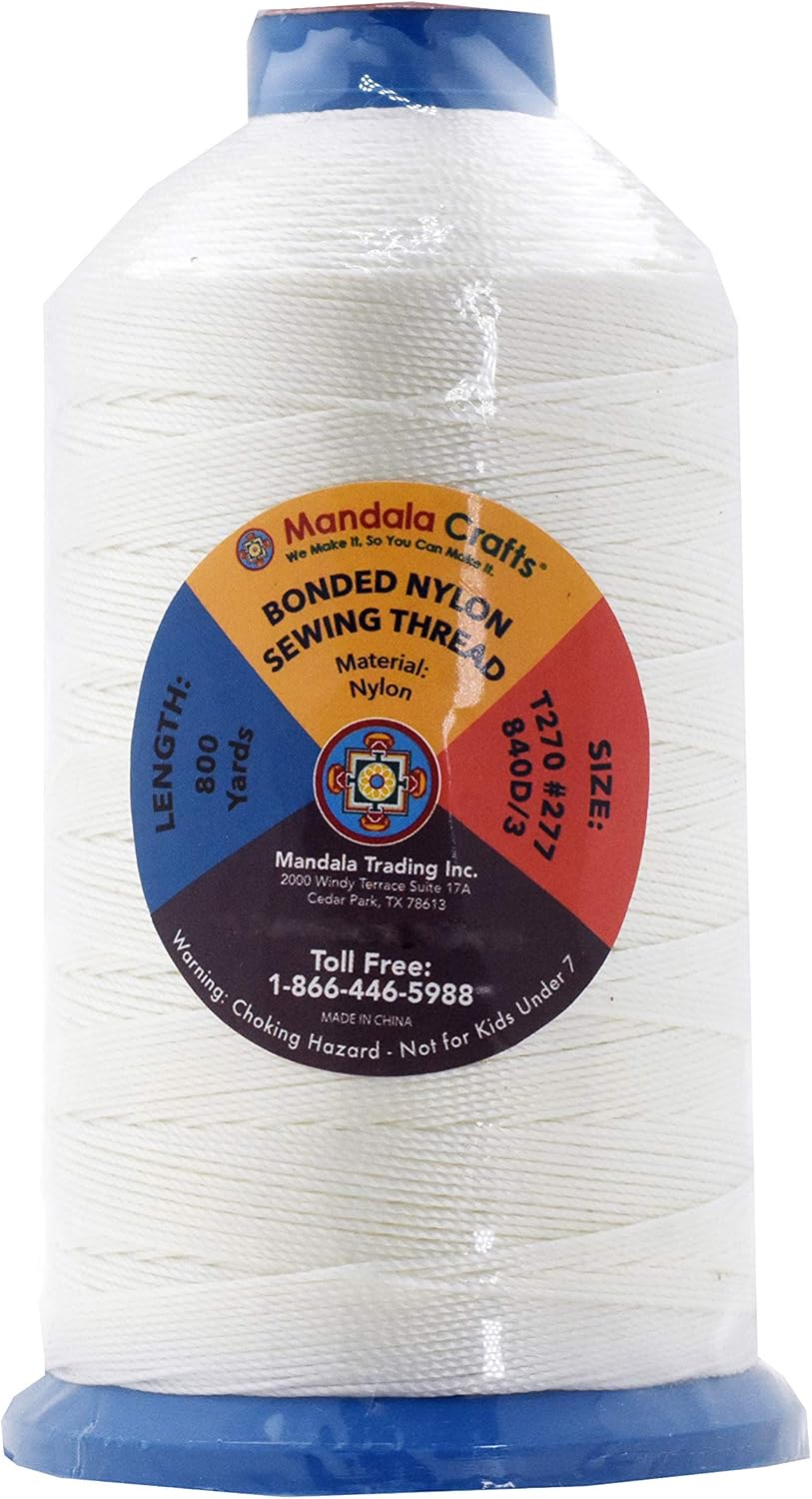 Mandala Crafts Heavy Duty Bonded Nylon Thread White - 800 YDs Size 277 840D T270 Tex 270 for Leather Jeans Weaving Outdoor Marine Upholstery