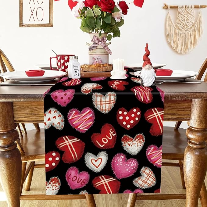 Valentines Day Decorations Table Runner Love Hearts Black Kitchen Dining Table Decor Holiday Anniversary Indoor Outdoor Party Suppies 120×13 Inch