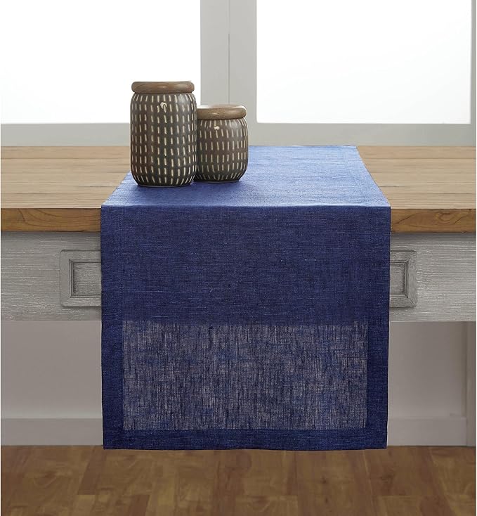 Solino Home Linen Table Runner 144 Inches Long - Athena, 100% Pure Linen Chambray Navy Dining Table Runner 14 x 144 Inch for Winter, Spring