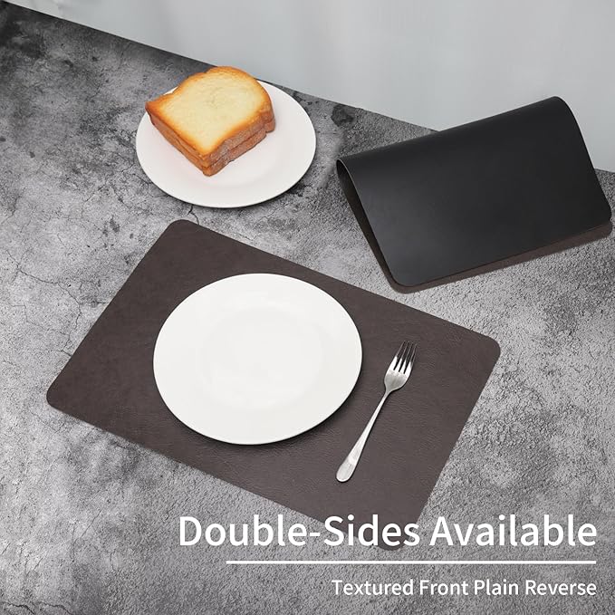 Cowhide Pattern Faux Leather Placemats Set of 4,Heat Resistant Non-Slip Waterproof Wipeable Washable Kitchen Dining PU Table Place Mats,Double-Sides Available,Black Brown