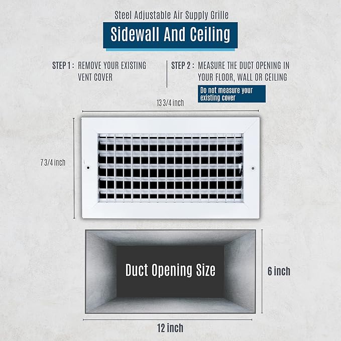 Fits 12x6 Duct Opening Steel Adjustable Air Supply Grille by Handua | Register Vent Cover Grill for Sidewall and Ceiling | White | Outer Dimensions: 13.75" X 7.75"