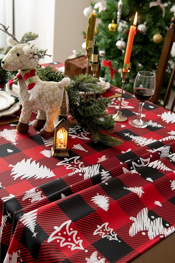 Red Gingham Plaid Christmas Tree Tablecloth - Rectangular 58x102 Inch Water Resistant Table Cloth for Indoor/Outdoor Use - Holiday Table Cover for Kitchen, Picnics, and Parties
