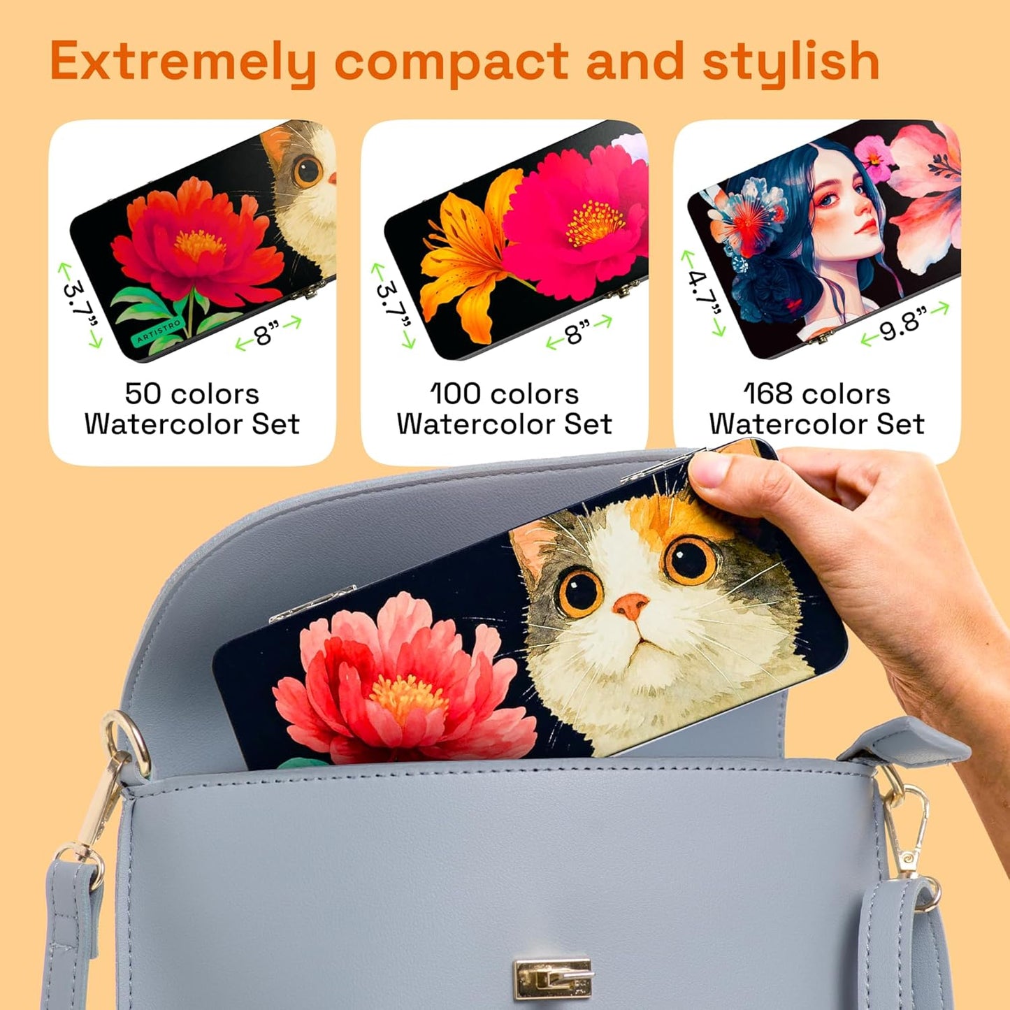 ARTISTRO 50 Metallic Watercolor Paint Set, Vivid Colors in Portable Box, Palette set. Perfect Travel Watercolor Set for Artists, Amateur Hobbyists and Painting