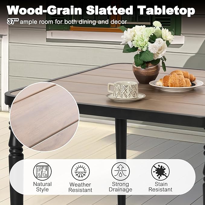 NUU GARDEN 37" Square Outdoor Dining Table, Metal Dining Table with Umbrella Hole, Wood-Grain Tabletop, Weather-Resistant for Garden, Backyard, Deck, Lawn