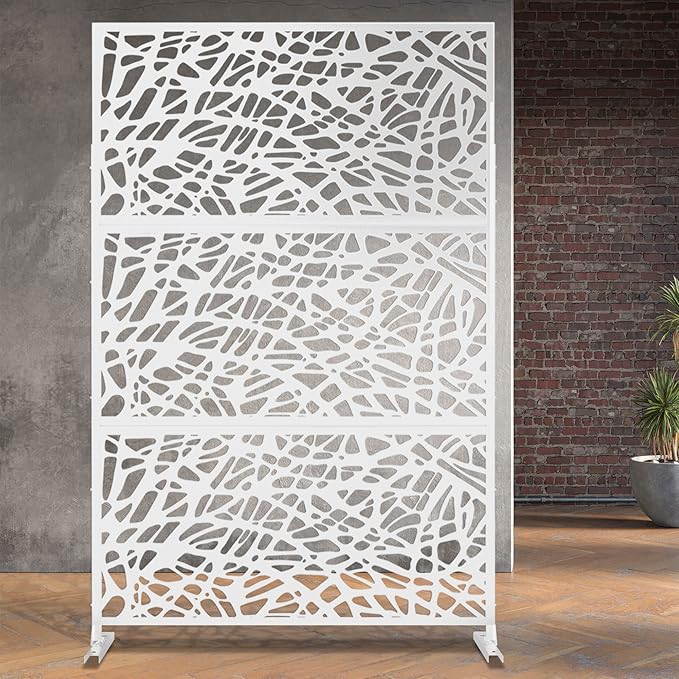 Elevens Free Decorative Privacy Screen with Stand, Outdoor Decor Privacy Fence Screen Metal Fence Panels, Outdoor Divider for Garden Patio Backyard, White-Web (A-GE04004)
