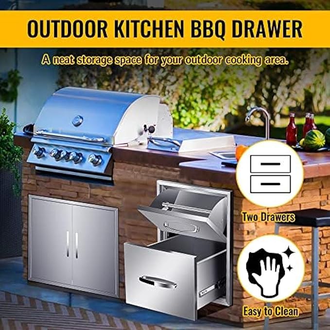 BBQ Outdoor Kitchen Drawers Stainless Steel 3-Drawer BBQ Drawer Enclosed Built-in Drawer Flush Mount for Outdoor Kitchens & BBQ Islands,16Wx20Dx20H