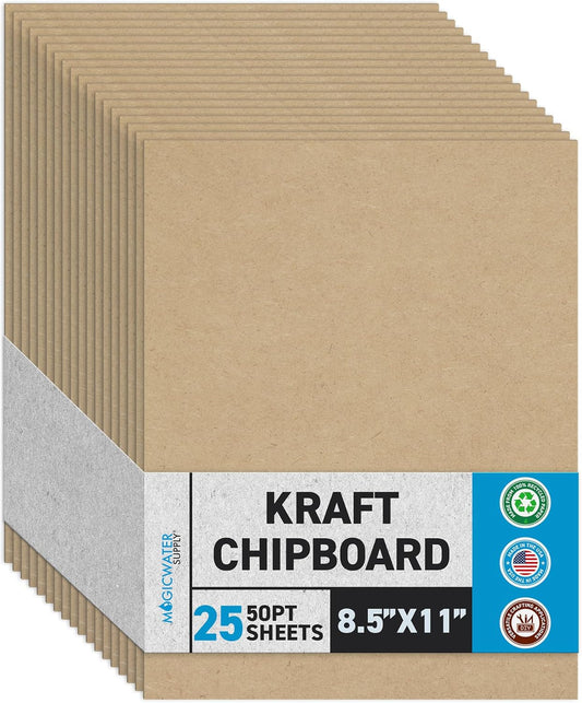MagicWater Chipboard Sheet for DIY Projects - 8.5x11 Inch - 25 Pack - 50 pt - Heavy Duty Kraft. (0.050 Inch Thick) Paperboard, for Scrapbooking, Books, Picture Frame Backing, Arts Project & Crafts