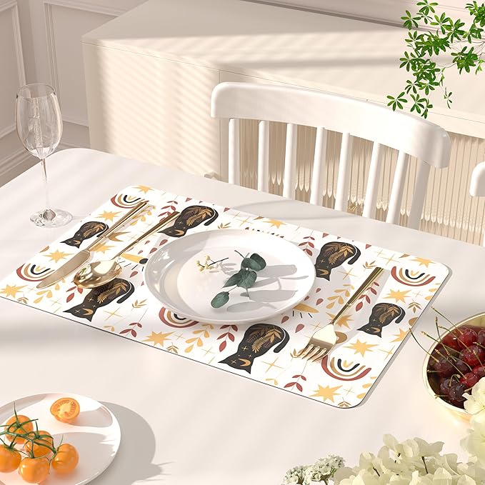 QIYI Placemats Set of 6, 12x18 Inch Faux Leather Place Mats for Kitchen Dinning, Heat Resistant Anti Slip Folk Table Mats, Waterproof Wipeable Washable Placemat Party Table Décor, Boho Black Cats