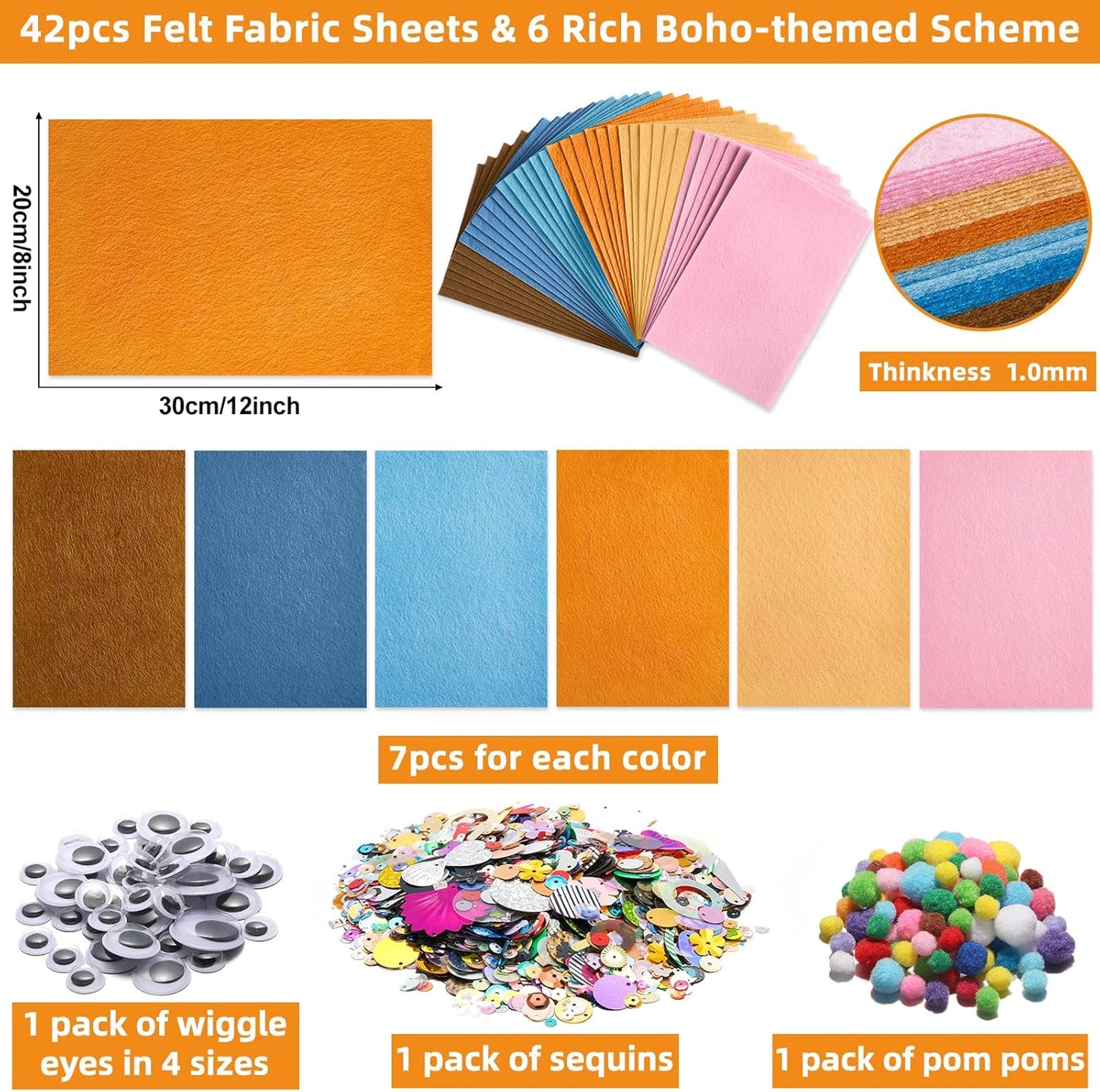 42Pcs Boho Felt Fabric Sheets 8 x 12 Inch Brown Beige Blue Assorted Soft Thick Felt Pack with Wiggle Google Eyes Pom Poms Glitter Patchwork Craft Supply for DlY Sewing Creative Art Project Decor