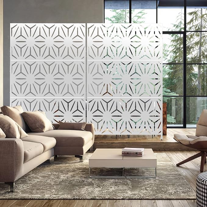 Elevens Free Decorative Privacy Screen with Stand, Outdoor Decor Privacy Fence Screen Metal Fence Panels, Outdoor Divider for Garden Patio Backyard, White-Star (A-GE04006)