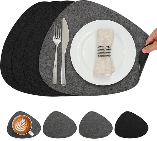 Placemats and Coasters, Washable Reversible Placemats Round Faux Leather Wipeable Place Mats Non Slip Heat Resistant Indoor Outdoor Table Mats (Set of 4, Gray Black)