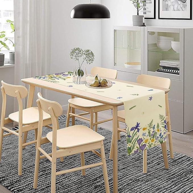 Wildflowers Table Runner,Spring Purple Floral Summer Seasons Daisy Flower Print Kitchen Dining Table Decoration for Home Farmhouse Party 13x90in