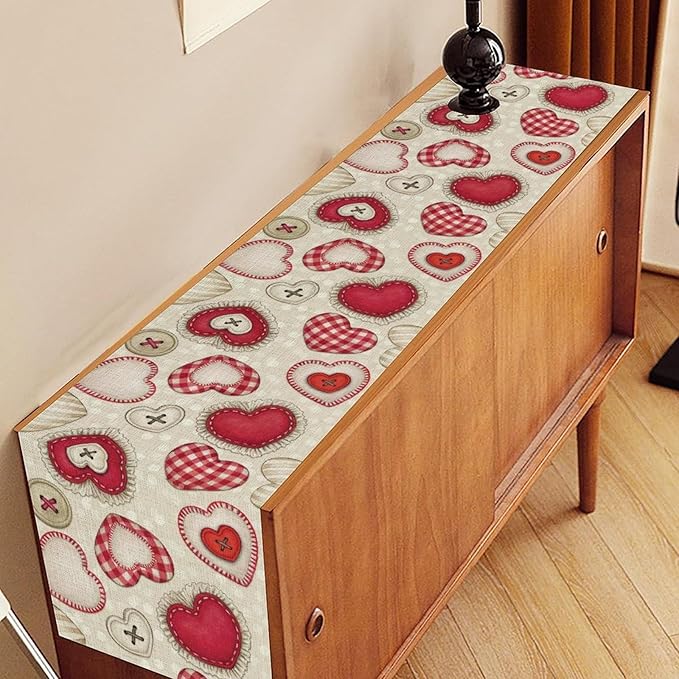 Red Heart Table Runner,Retro Rustic Beige Heart Buttons Polka Dot Valentines Decorations Decor for Family Kitchen and Living Room Outdoor Farmhouse Party Table Decorations, 13"x108"