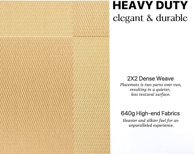 LEXMORE Placemats Set of 4 Vinyl/Plastic Woven Place Mats for Kitchen Table Indoor/Outdoor Washable Placemat Wipeable Dining Table Mats(Gold Cube)