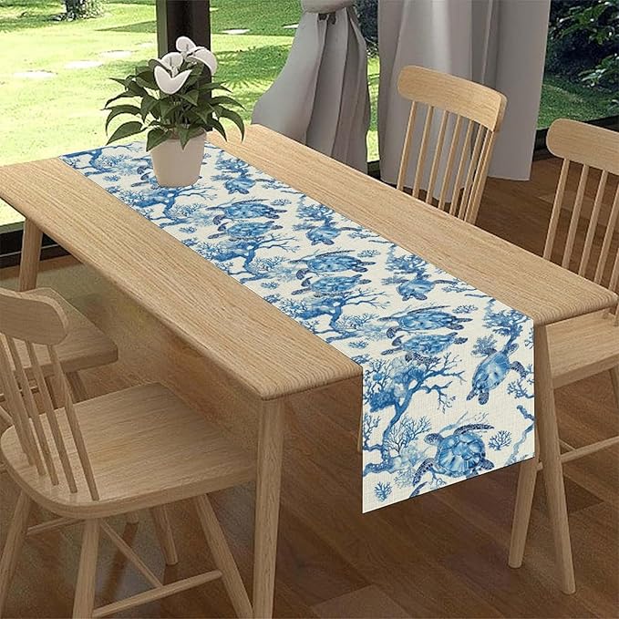 Sea Turtle Table Runner, Summer Coastal Nautical Coral Undersea Tropical Rustic Farmhouse Coffee Table Center Decor for Home Kitchen Dining Patio Holiday Party Table Decorations 13"x90"