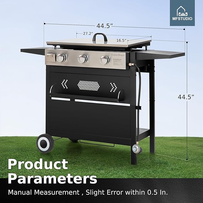 MFSTUDIO 27 Inch Flat Top Propane Gas Griddle Grill, Ceramic Coated Cast Iron Pan, Outdoor Flattop Grill with Lid for Cooking
