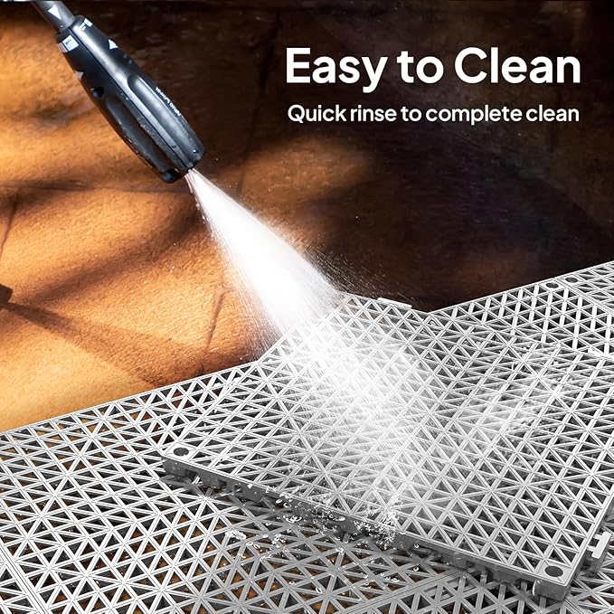 Bonnlo Grey Interlocking Drainage Mat, 12''*12'' Anti-Fatigue Floor Mat, Restaurant Kitchen Mat, Cushioned Tiles, Non-Slip Garden Tile for Poolside, Wet Area, Deck and Bathroom Use