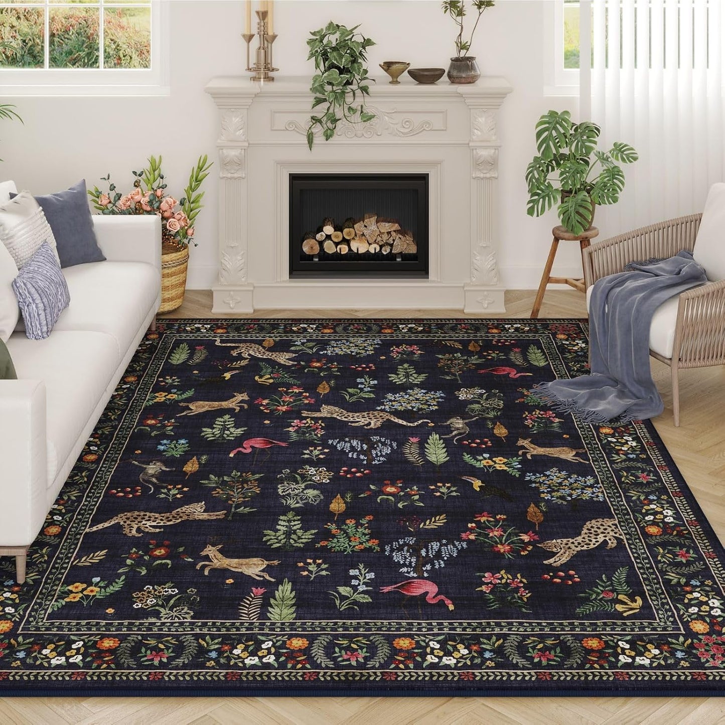 Rugcomf Living Room Rug 6x9 Rug Machine Washable Boho Area Rug Non Slip Floral Animal Vintage Low Pile Large Rug for Living Room, Bedroom, Farmhouse, Dining Room, Kids Playroom (Blue)