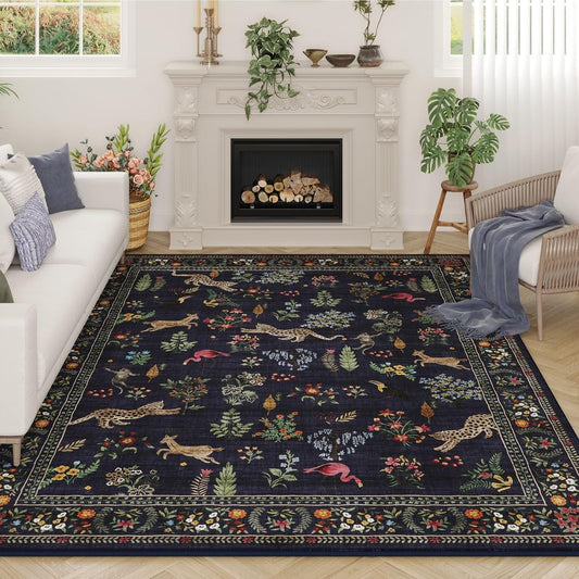 Rugcomf Living Room Rug 6x9 Rug Machine Washable Boho Area Rug Non Slip Floral Animal Vintage Low Pile Large Rug for Living Room, Bedroom, Farmhouse, Dining Room, Kids Playroom (Blue)
