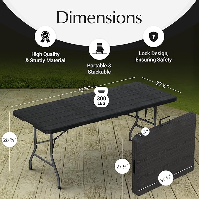 6 Feet Foldable Table with Built in Handle & Steel Legs | 6FT Heavy Duty Folding Portable | Perfect for Party, Dining, Wedding, Events, Picnic Indoor, Outdoor, Camping, Utility, Folding - 6 Foot