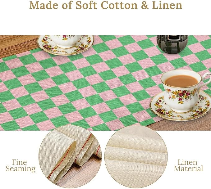 Retro Checkered Table Runner, Cute Pink Green Checkerboard Vintage Hippie Modern Aesthetic Table Runner for Party Kitchen Dining Home Outdoor Banquet 13x60in