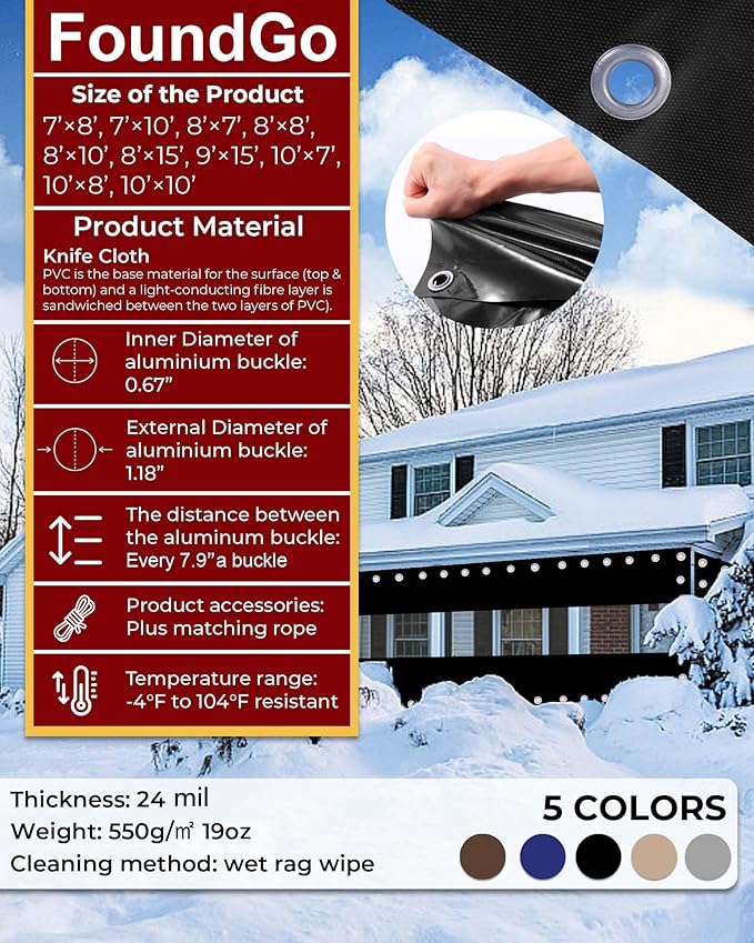 FoundGo 10'Hx07'W Vinyl Curtains for Patio 19oz, Outdoor Clear Vinyl Patio Enclosure,Heavy Duty Clear Tarp Waterproof Vinyl Tarps with Grommets for Pergola, Balcony,Porch,Gazebos，-4℉ Cold Resistant