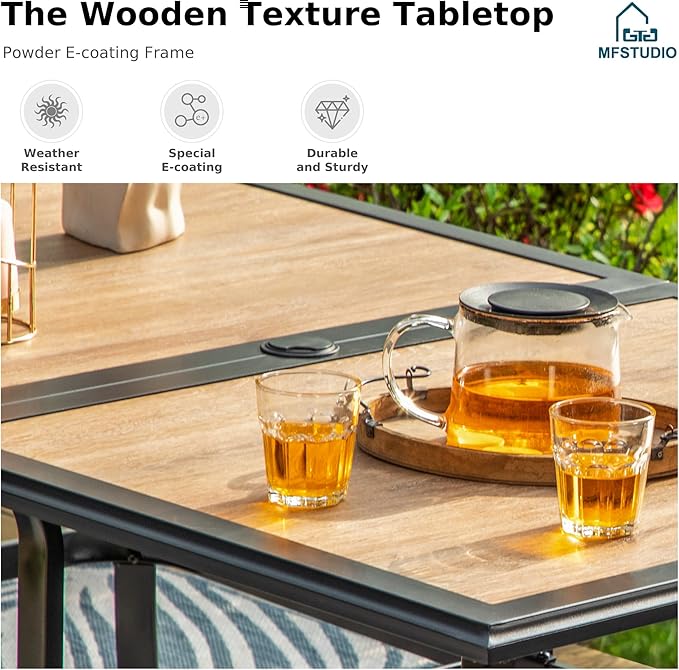 MFSTUDIO Outdoor Patio Dining Table for 6, Rectangular Furniture Table with Metal Frame and Immitation Wood Top, Outdoor Deck Backyard Garden Table with Umbrella Hole