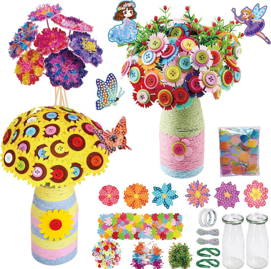 Mostop Crafts for Kids Ages 6-10, DIY Flower Bouquet Craft Kit with Buttons,Felt Flowers and 2 Vase, Poke in Arts and Crafts Birthday Gift Present for 6 7 8 9 10 Year Old Girls Flower Making Kit