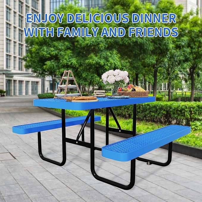 4FT Picnic Tables for Outdoors, Rectangular Commercial Metal Picnic Table Bench Set with Umbrella Hole,Heavy Duty Steel Weather-Resistant Dining Table for Patio Dining Garden Backyard BBQ School
