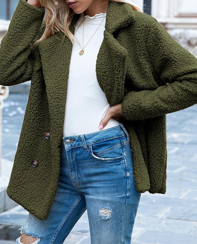 Women's Winter Warm Plush Cardigan Fuzzy Fleece Lapel Jacket with Buttons Pockets Long Sleeve Casual Outerwear