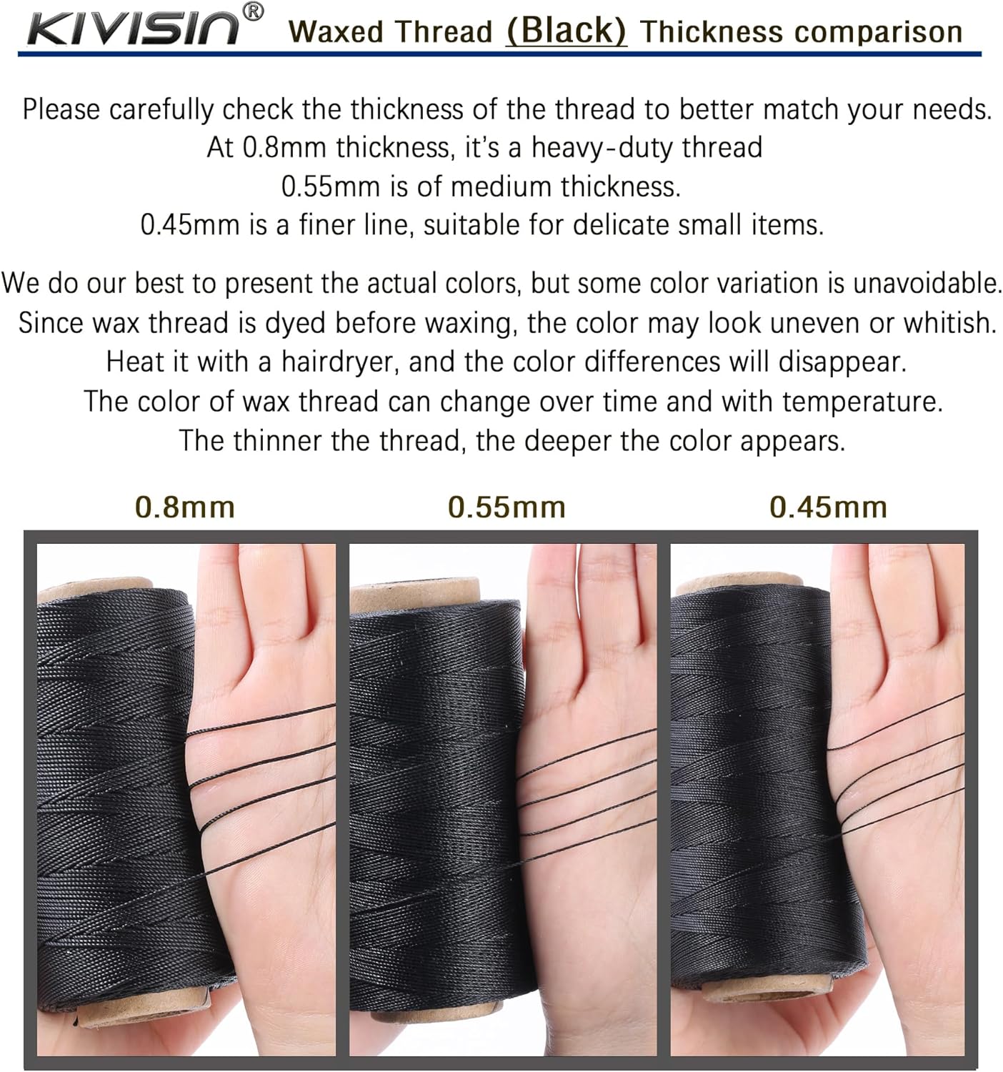 Sturdy Bonded Waxed Polyester Thread, 0.55mm, 437 Yards Wax String Cord - Black for Leather, Hand Sewing, Stitching, Beading, Bookbinding, Bracelets and Macrame Jewelry Making