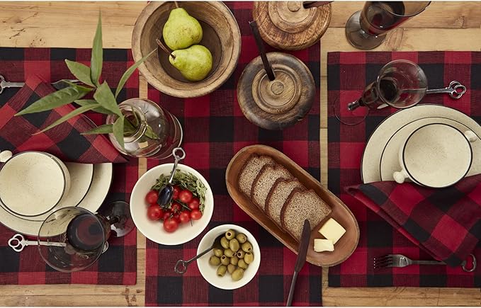 Solino Home Linen Checkered Table Runner 60 Inches - 100% Pure Linen Buffalo Check Red and Black Table Runner 14 x 60 Inch Ideal for Dresser and Coffee Tables - Winter