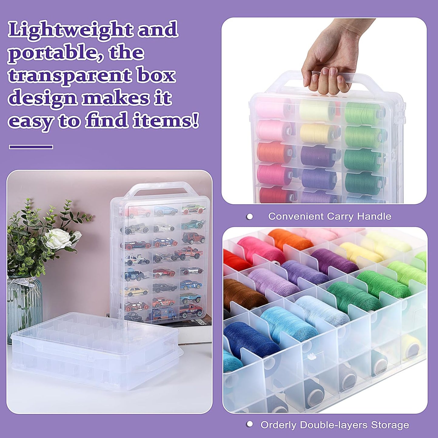 OwnMy 2 Pack 46 Grids Sewing Thread Organizer, Double-Sided Thread Spool Storage and Organizer Boxes, Plastic Embroidery Threads Embroidery Floss Organizers Boxes for Small Toys Cars, Sewing Crafts