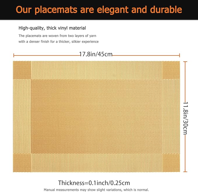 Placemats Set of 12 Washable&Wipeable Place mats for Dining Table Kitchen Indoor Outdoor Table Mats Heat Resistant Non Slip Woven Vinyl Table Placemats (Gold，12PCS)