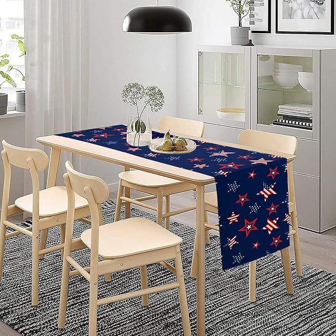 4th of July Patriotic Table Runner, Memorial Day Independence Day Freedom Stars Table Runner for Indoor Kitchen Dining Outdoor Holiday Party 13x60in