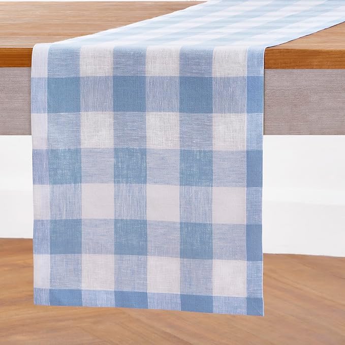 Solino Home Linen Checkered Table Runner 48 Inches - 100% Pure Linen Chambray Blue and White Buffalo Check Table Runner 14 x 48 Inch Ideal for Dresser and Coffee Tables - Spring, Easter