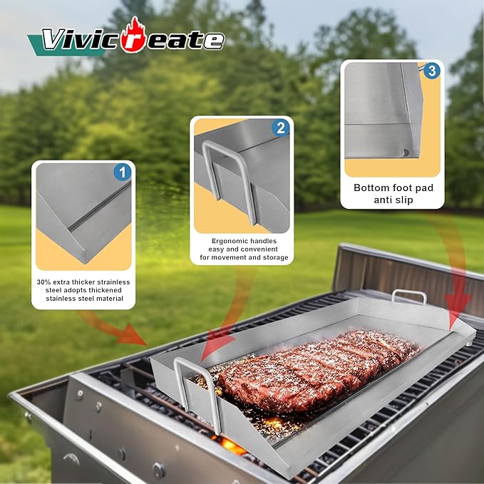Vivicreate Stainless Steel Outdoor Griddle for Gas & Charcoal Grills, 38 lbs Flat Top Grill Plate with Grease Groove & Handles, Extra-Large BBQ Insert for Garden, Patio & Camping 31”x17”