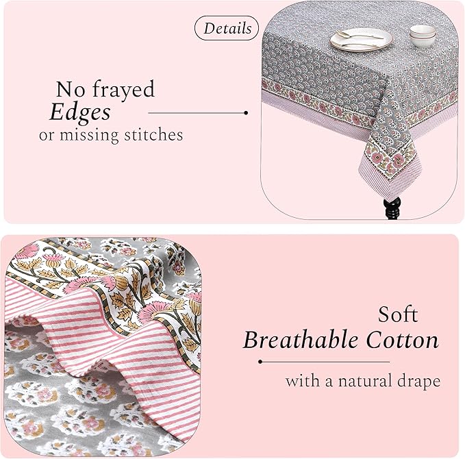 CPC Tablecloth 100% Cotton 72x190 Inch Indian Block Print Rectangle Table Cover, Gray Pink Table Cloth for Weddings, Spring/Summer, Barbeque - Labra Gray